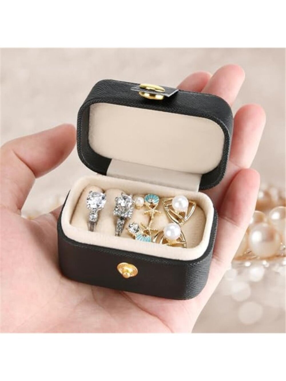 Mini Travel Jewelry Box Ring Earring Necklace Holder Portable Storage Case Black